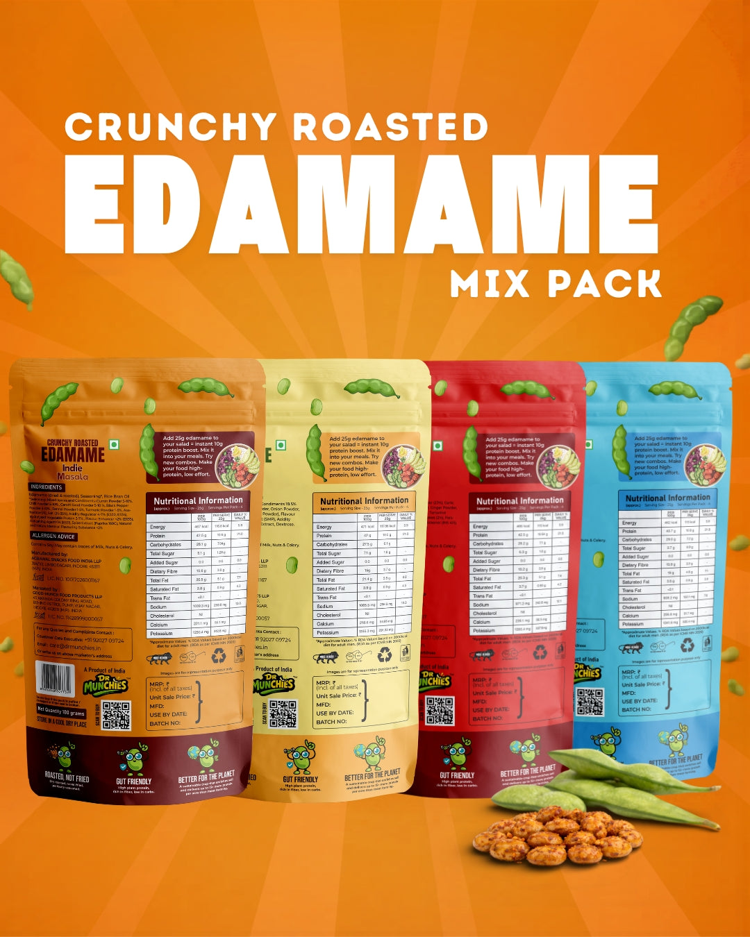 Dr Munchies Crunchy Roasted Edamame – Pack of 4 | Mix | High-Protein Snack