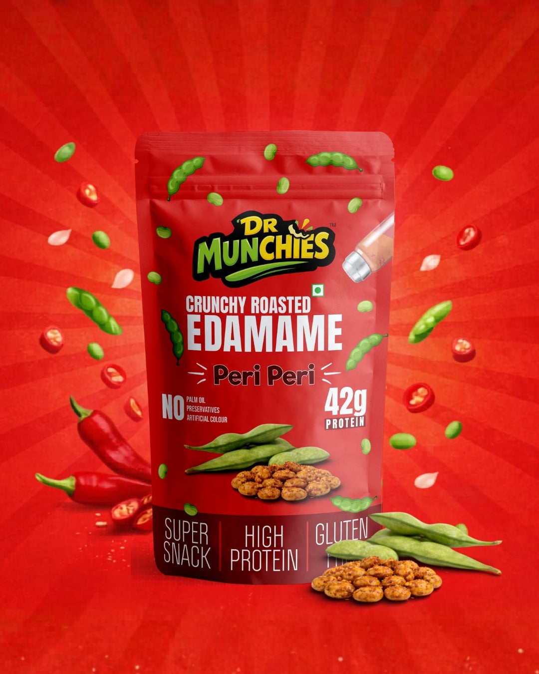 Dr Munchies Crunchy Roasted Edamame – Peri Peri | Protein-Rich Snack