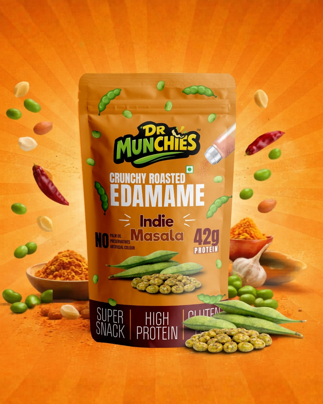 Dr Munchies Crunchy Roasted Edamame –  Pack of  3 | Indie Masala | Protein-Rich Snack