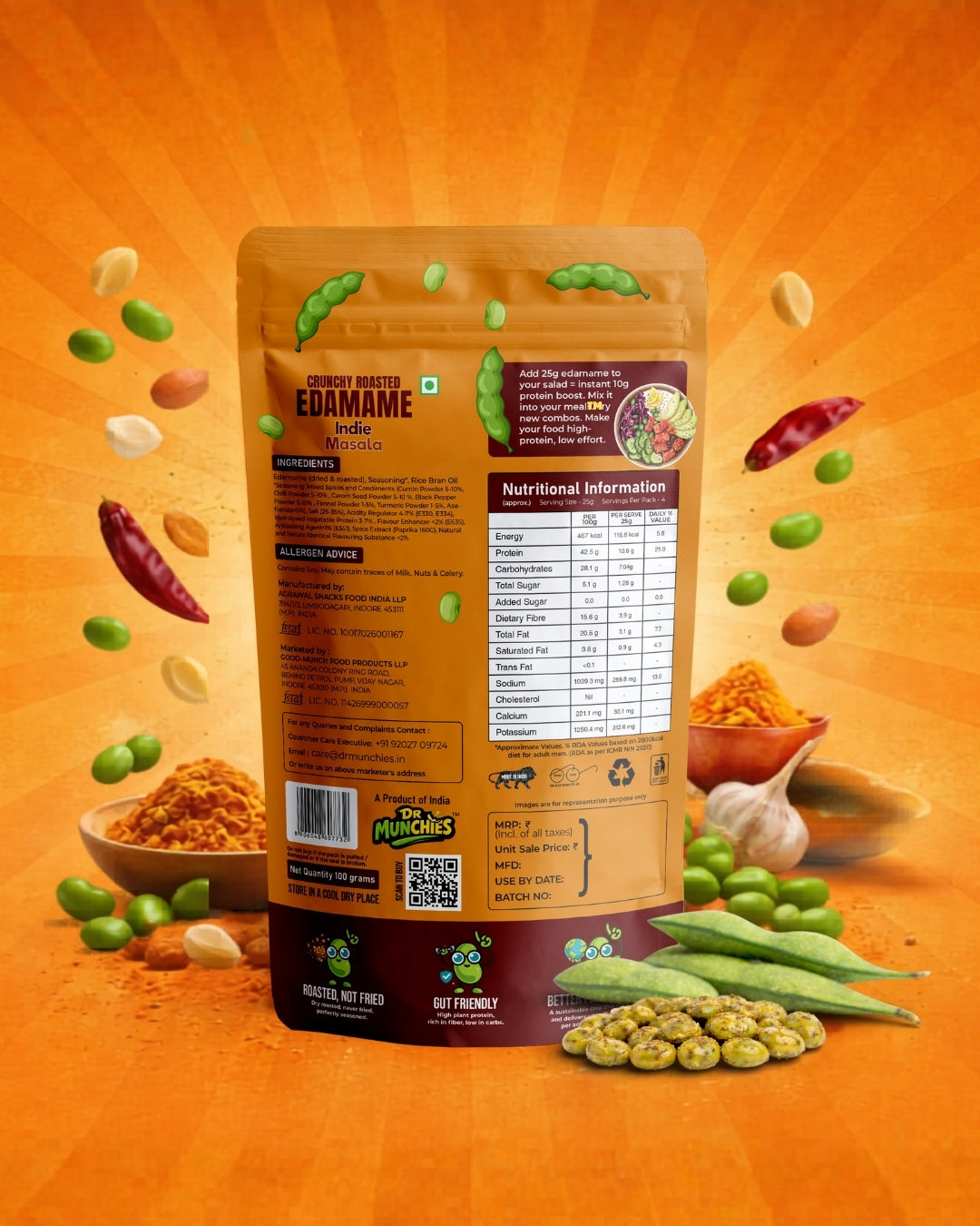 Dr Munchies Crunchy Roasted Edamame –  Pack of  3 | Indie Masala | Protein-Rich Snack