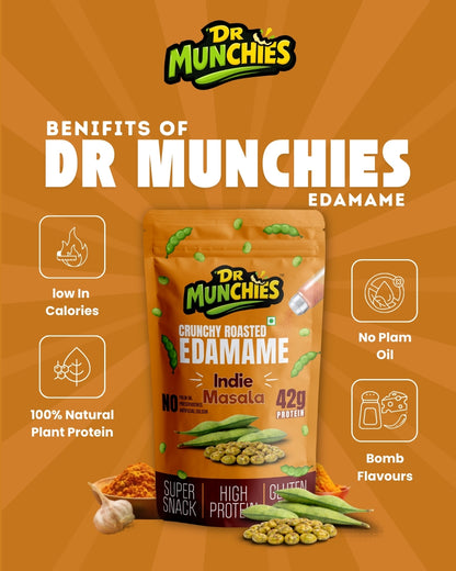 Dr Munchies Crunchy Roasted Edamame –  Pack of  3 | Indie Masala | Protein-Rich Snack