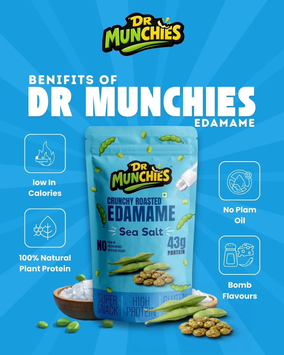 Dr Munchies Crunchy Roasted Edamame – Sea Salt | Clean Protein Snack