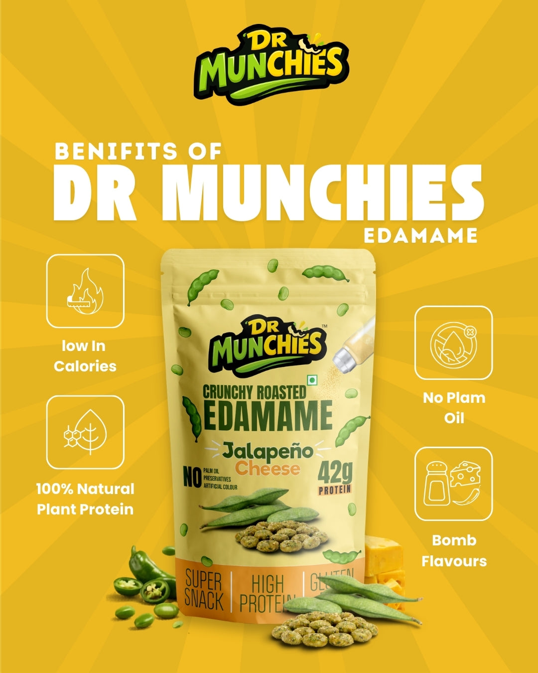 Dr Munchies Crunchy Roasted Edamame – Jalapeño Cheese | High-Protein Snack