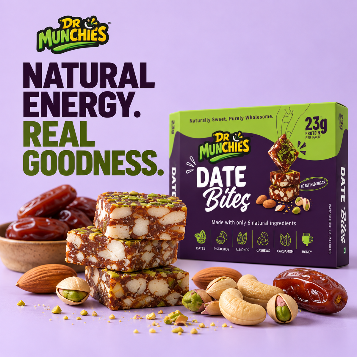 Dr Munchies Date Bites | 23g Protein | No Refined Sugar | Dates & Nuts | 200g
