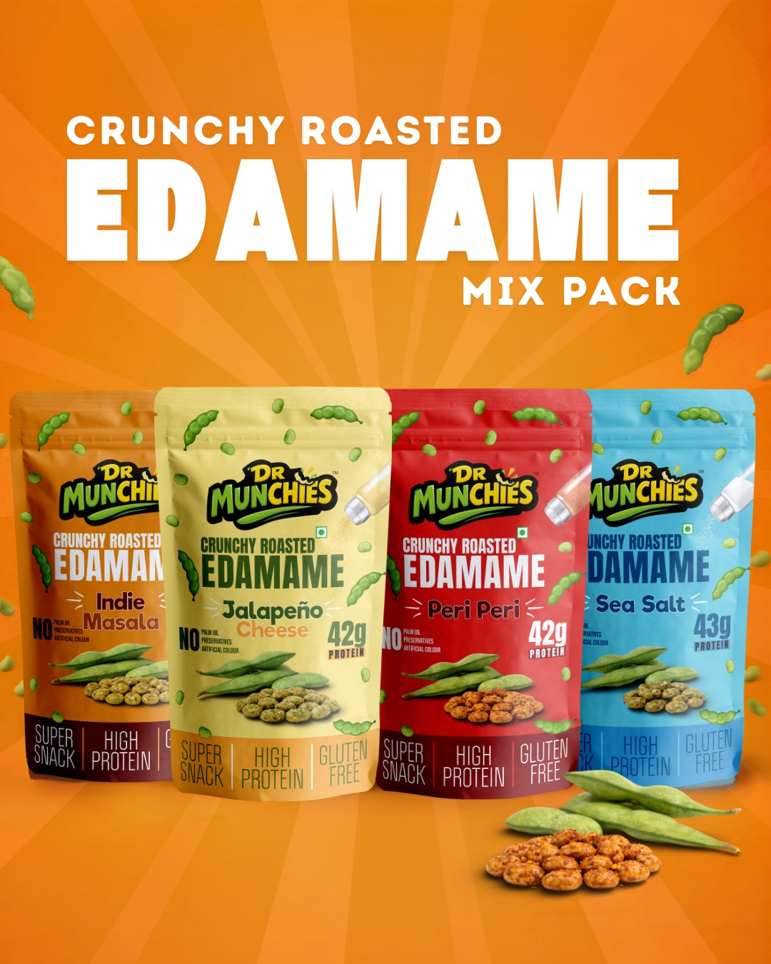 Dr Munchies Crunchy Roasted Edamame – Pack of 4 | Mix | High-Protein Snack