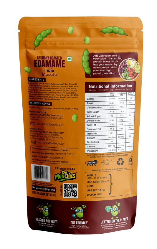 Dr Munchies Crunchy Roasted Edamame –  Pack of  3 | Indie Masala | Protein-Rich Snack