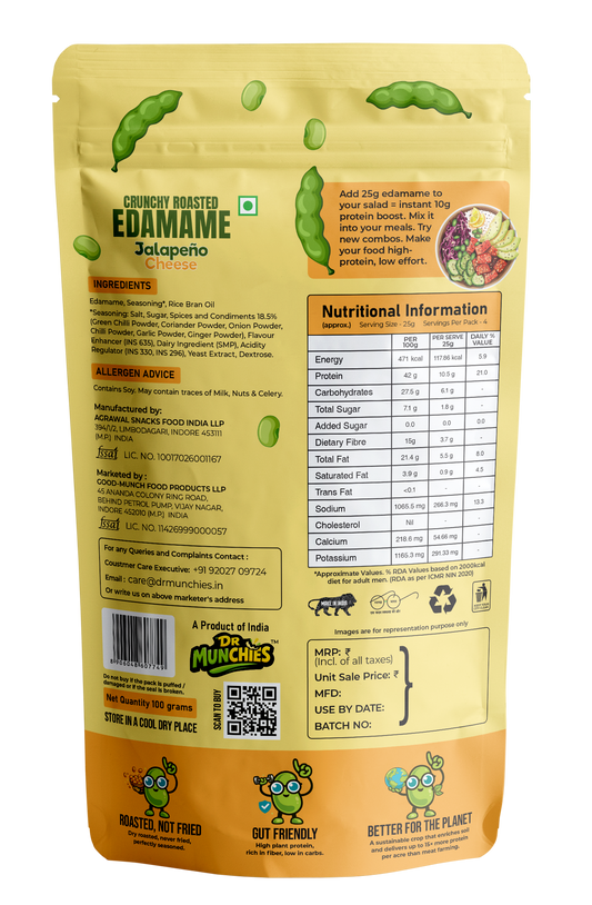 Dr Munchies Crunchy Roasted Edamame –  Pack of 3 | Jalapeño Chees | High-Protein Snack
