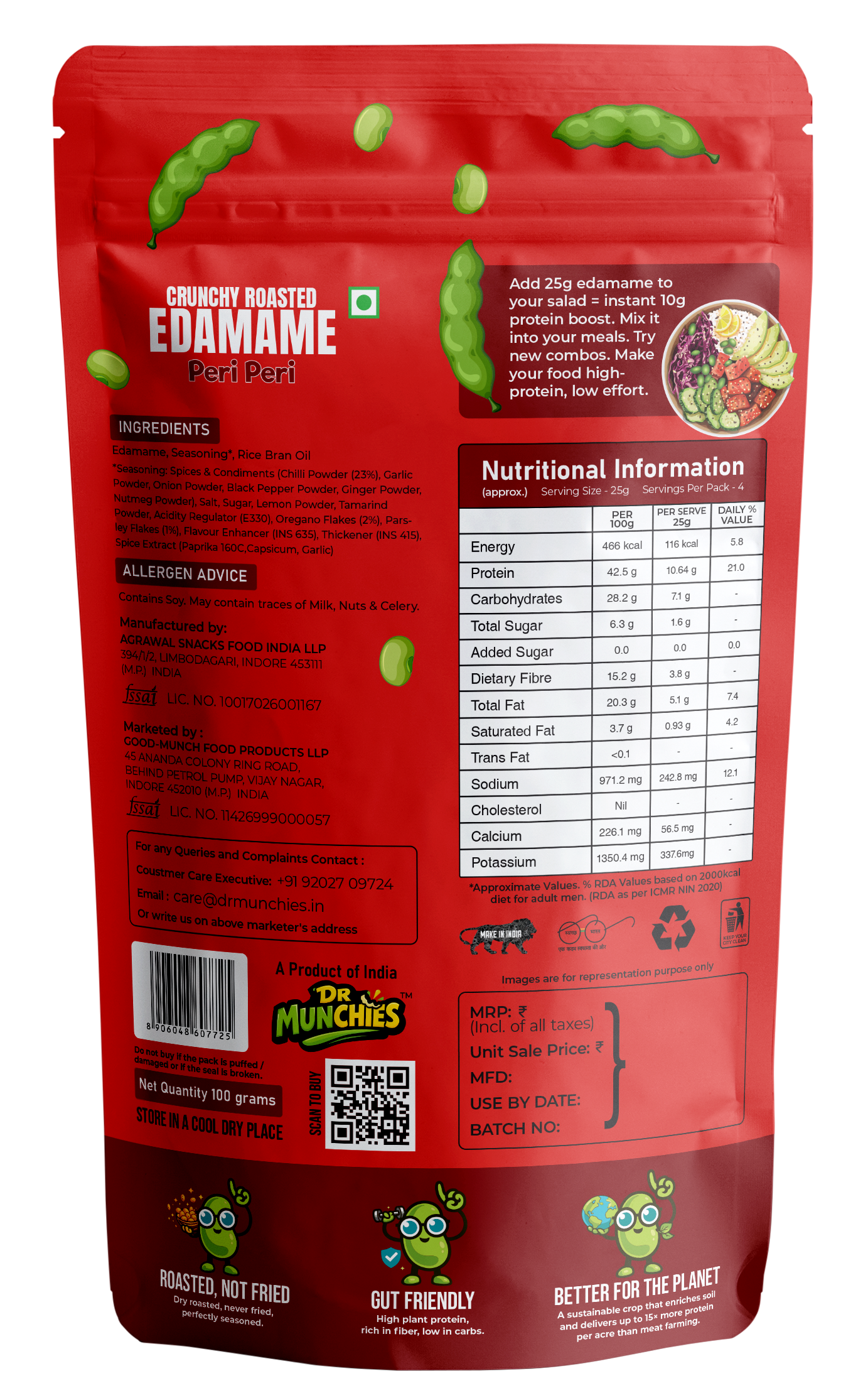 Dr Munchies Crunchy Roasted Edamame – Peri Peri | Protein-Rich Snack