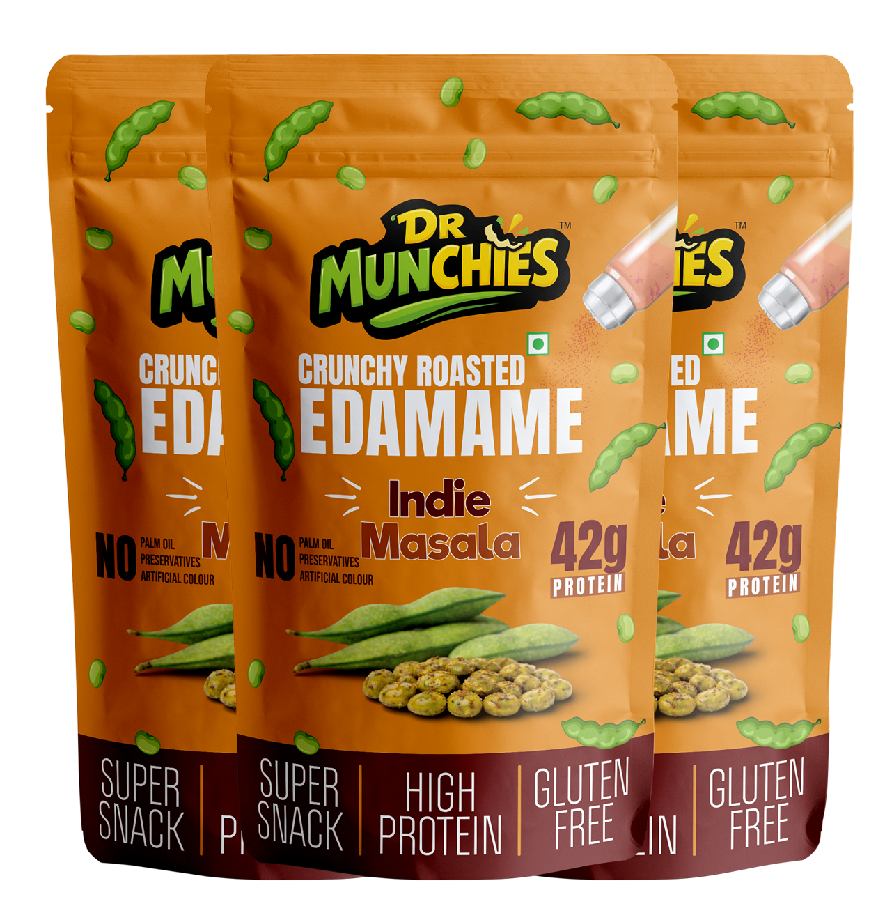 Dr Munchies Crunchy Roasted Edamame –  Pack of  3 | Indie Masala | Protein-Rich Snack